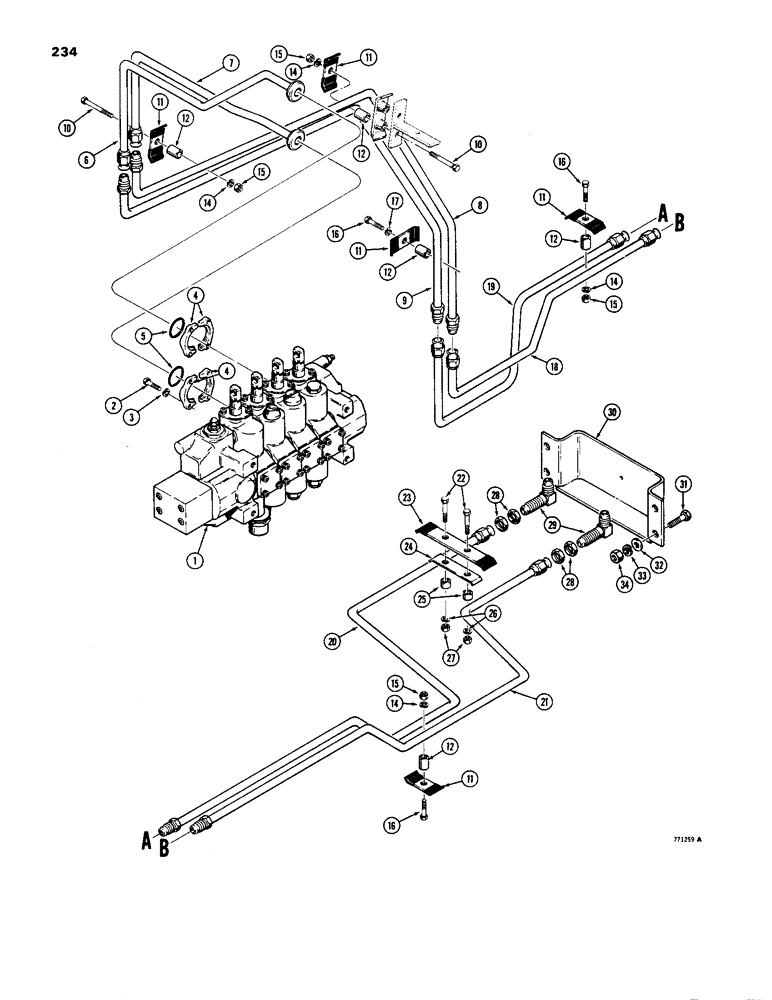 Схема запчастей Case 1450 - (234) - DOZER ANGLE HYDRAULIC CIRCUIT (ATP DOZER), VALVE TO GRILLE (08) - HYDRAULICS