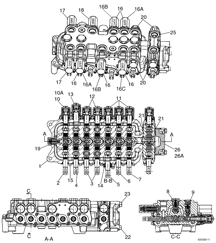 Схема запчастей Case 580M - (08-35) - VALVE ASSY - BACKHOE CONTROL, 8 SPOOL (W/ EXT DIPPER, W/ AUX HYDS, W/O PILOT CONTROLS) (08) - HYDRAULICS