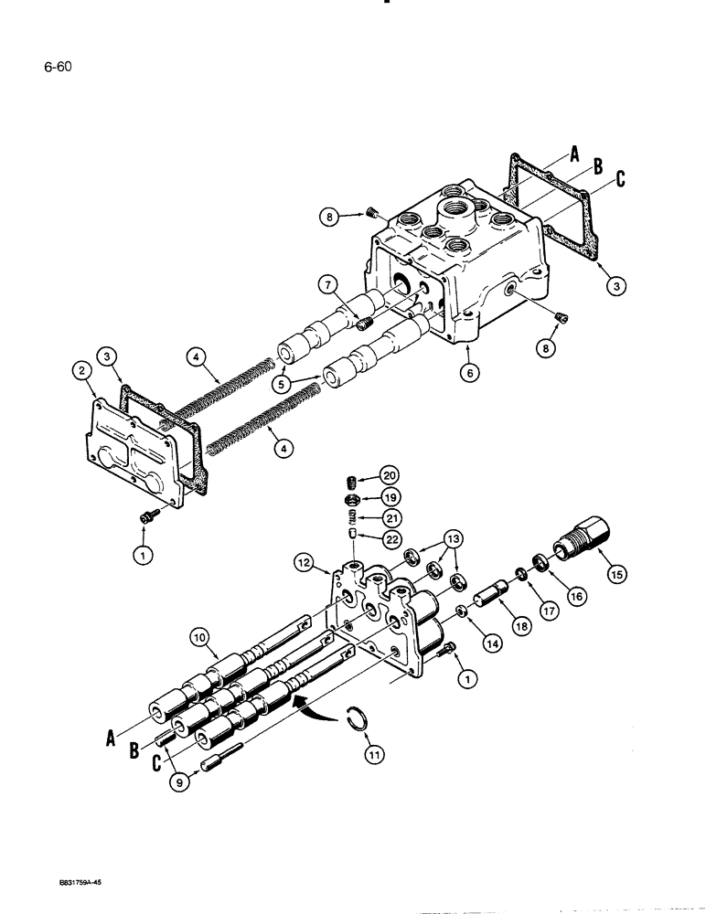 Схема запчастей Case 450C - (6-60) - TRANSMISSION CONTROL VALVE ASSEMBLY, USED THRU P.I.N. 3080911 (06) - POWER TRAIN