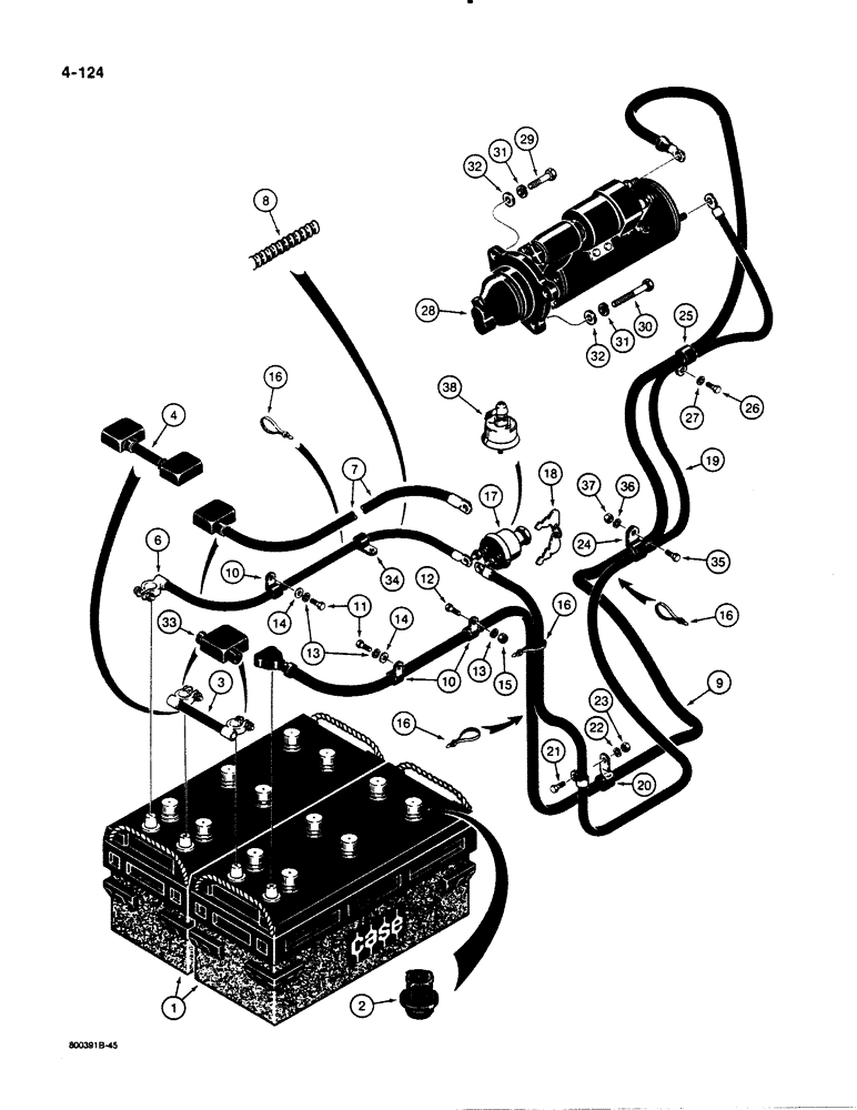 Схема запчастей Case 1450B - (4-124) - REAR ELECTRICAL WIRING, GROUP 4D TYPE BATTERIES AND CABLES TO STARTER (04) - ELECTRICAL SYSTEMS