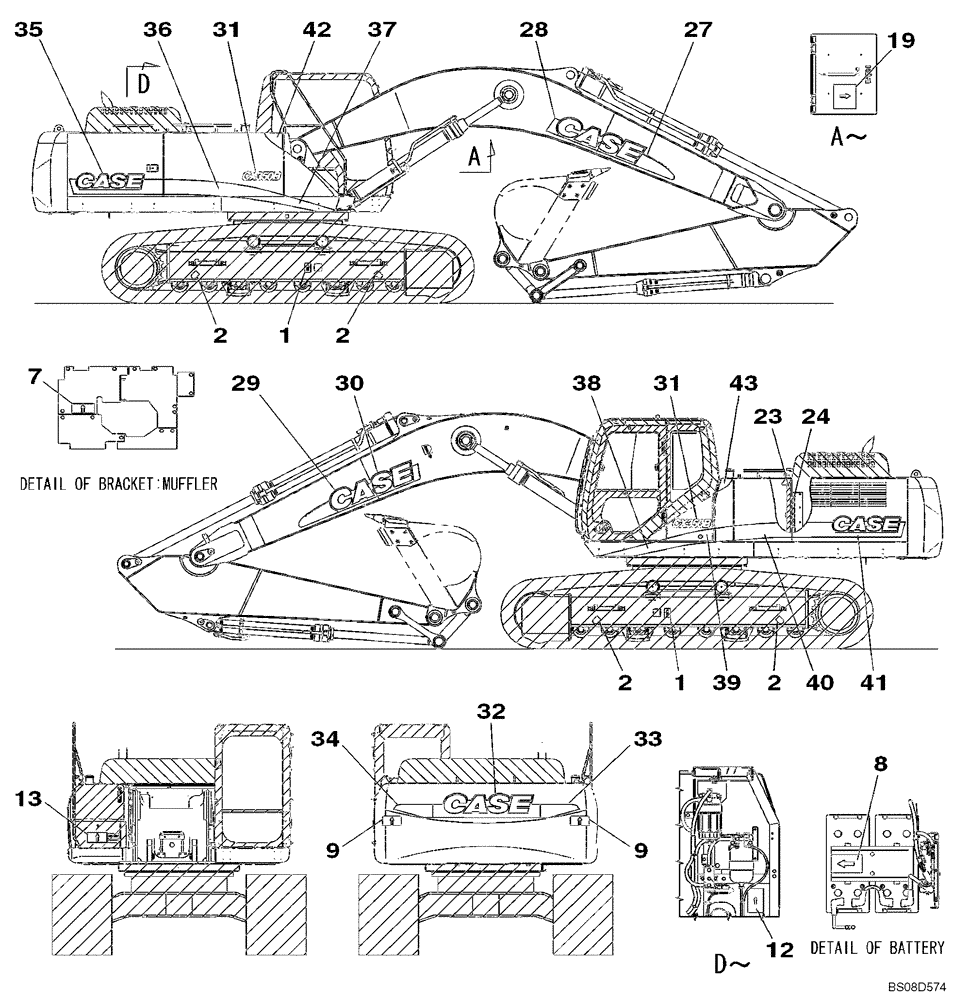 Схема запчастей Case CX350B - (09-58) - DECALS (09) - CHASSIS