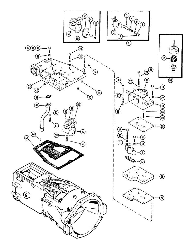 Схема запчастей Case 580 - (096) - PUMP AND VALVE ADAPTER, POWER SHUTTLE, 1ST USED TRAC. S/N. 8314666 (21) - TRANSMISSION