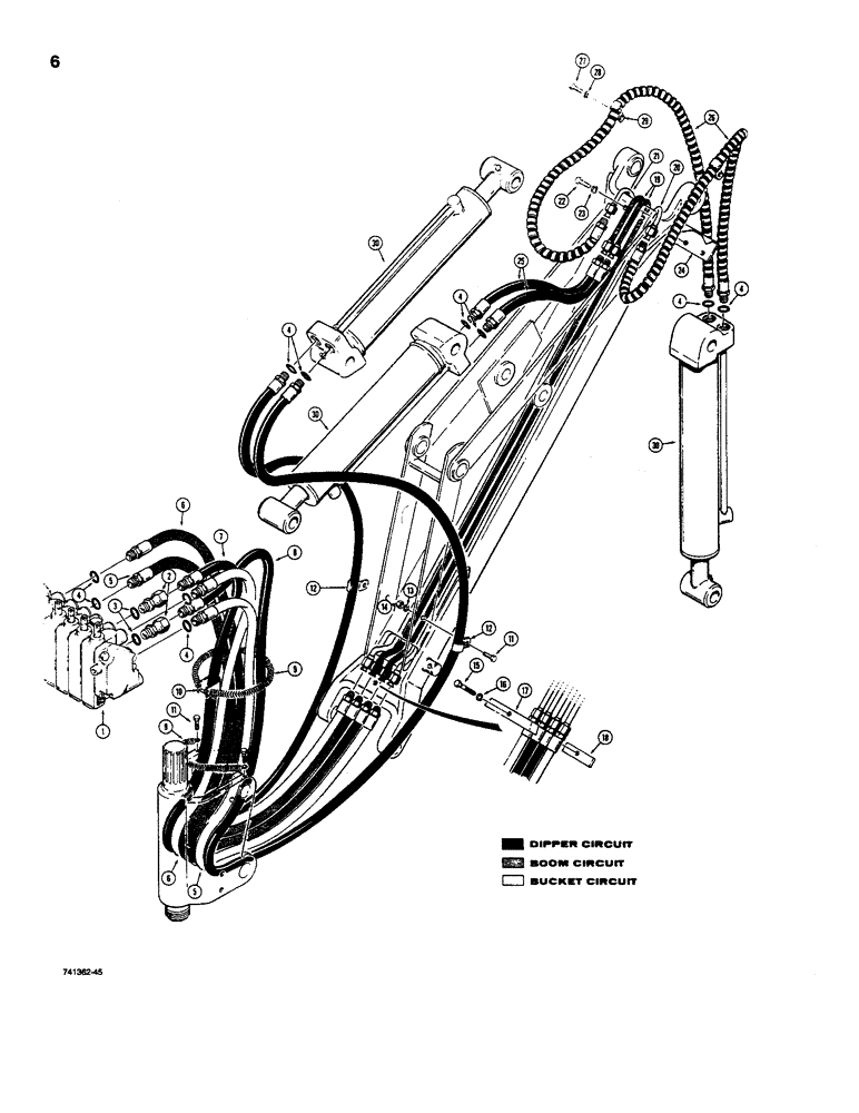 Схема запчастей Case D100 - (7-006) - BACKHOE HYDRAULIC LINES, BOOM, DIPPER ARM AND BUCKET CIRCUITS USED PRIOR TO BACKHOE SN P1520301 