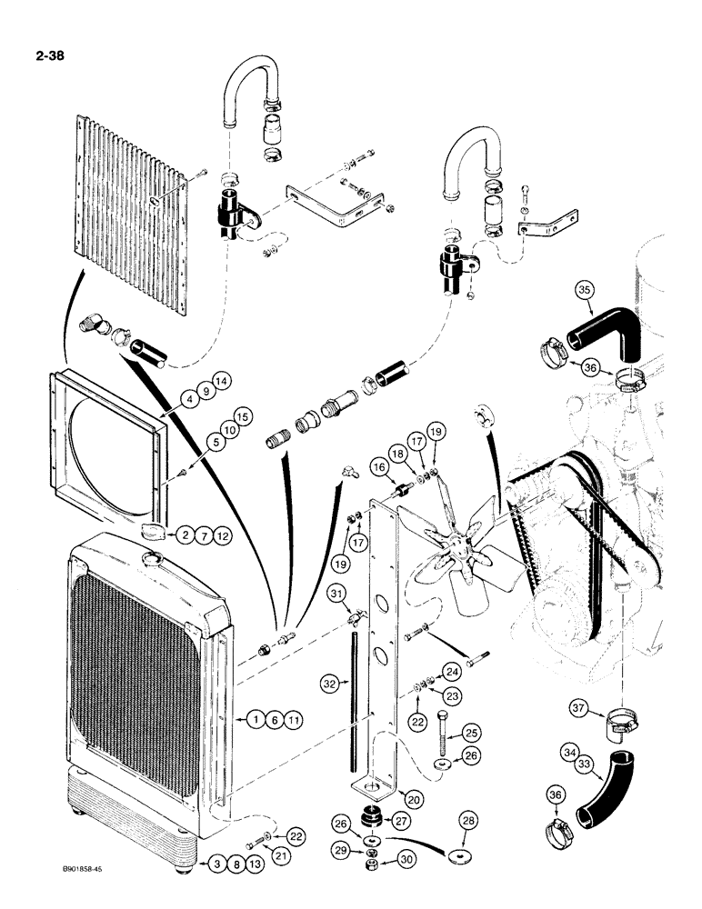 Схема запчастей Case W20C - (2-38) - RADIATOR, FAN AND FAN BELTS (02) - ENGINE