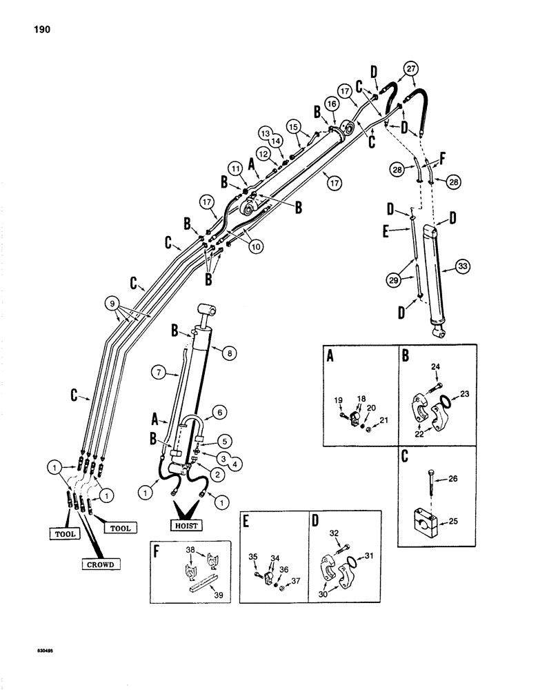 Схема запчастей Case 1280 - (190) - HOIST, CROWD, AND TOOL CIRCUITS, CYLINDER HYDRAULIC LINES W/ 105" (3.17M) DIPPER (07) - HYDRAULIC SYSTEM