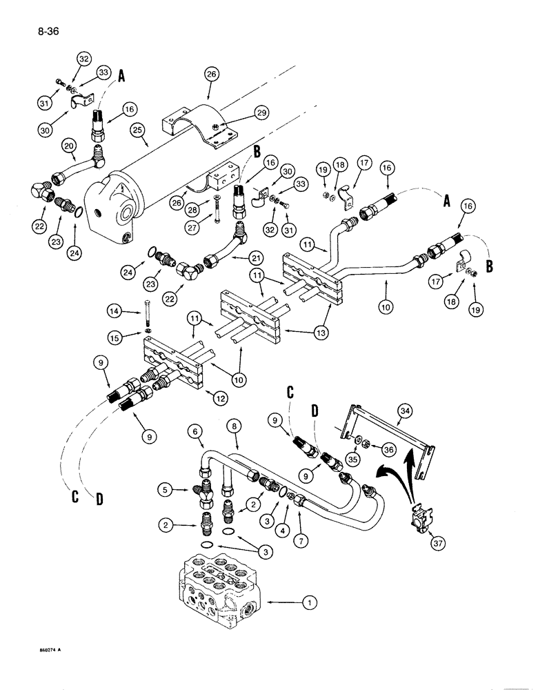 Схема запчастей Case 1086B - (8-036) - ARM CYLINDER CIRCUIT, USED WITH LOGGER BOOM (08) - HYDRAULICS