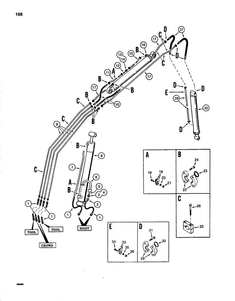 Схема запчастей Case 1280 - (188) - HOIST, CROWD, AND TOOL CIRCUITS, CYLINDER HYDRAULIC LINES WITH 9 ( 2.74M) DIPPER (07) - HYDRAULIC SYSTEM