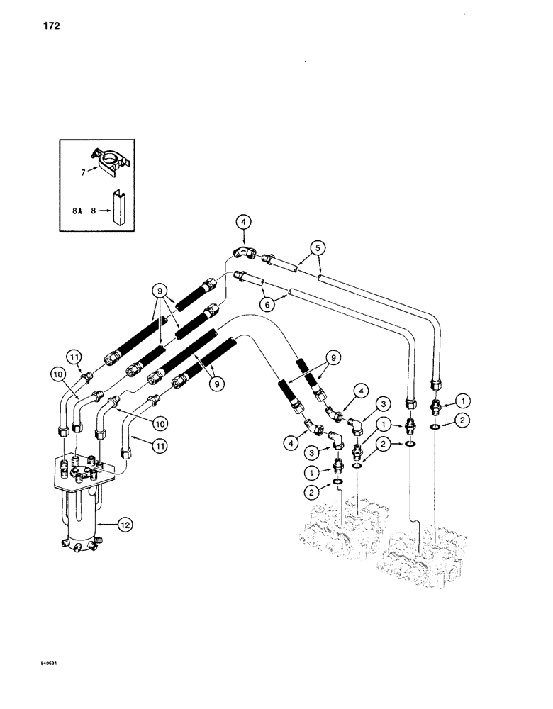 Схема запчастей Case 880C - (172) - TRACK DRIVE HYDRAULIC LINES - UPPER, BEFORE PIN 6205456 (04) - UNDERCARRIAGE