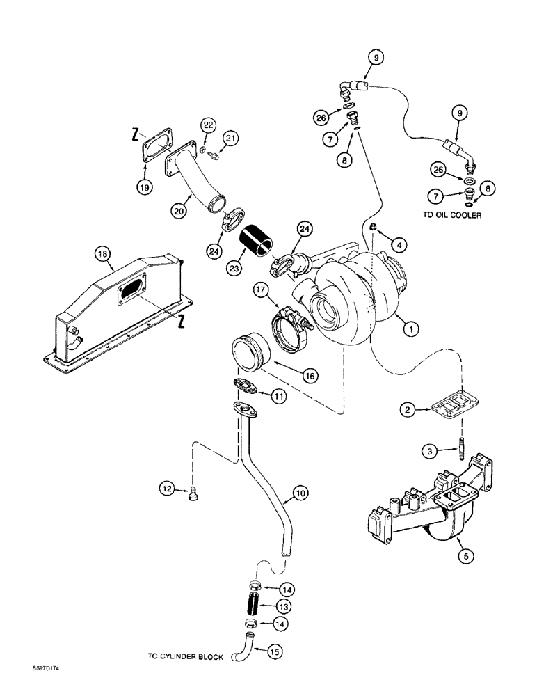 Схема запчастей Case 9010B - (2-042) - TURBOCHARGER SYSTEM, 4TA-390 EMISSIONS CERTIFIED ENGINE,*P.I.N. DAC01#2001 AND AFTER (02) - ENGINE