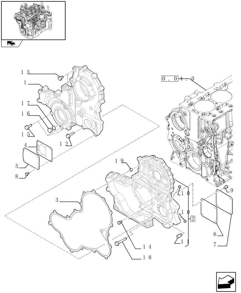 Схема запчастей Case 321E - (0.04.3[01]) - ENGINE BLOCK FRONT COVER (01) - ENGINE