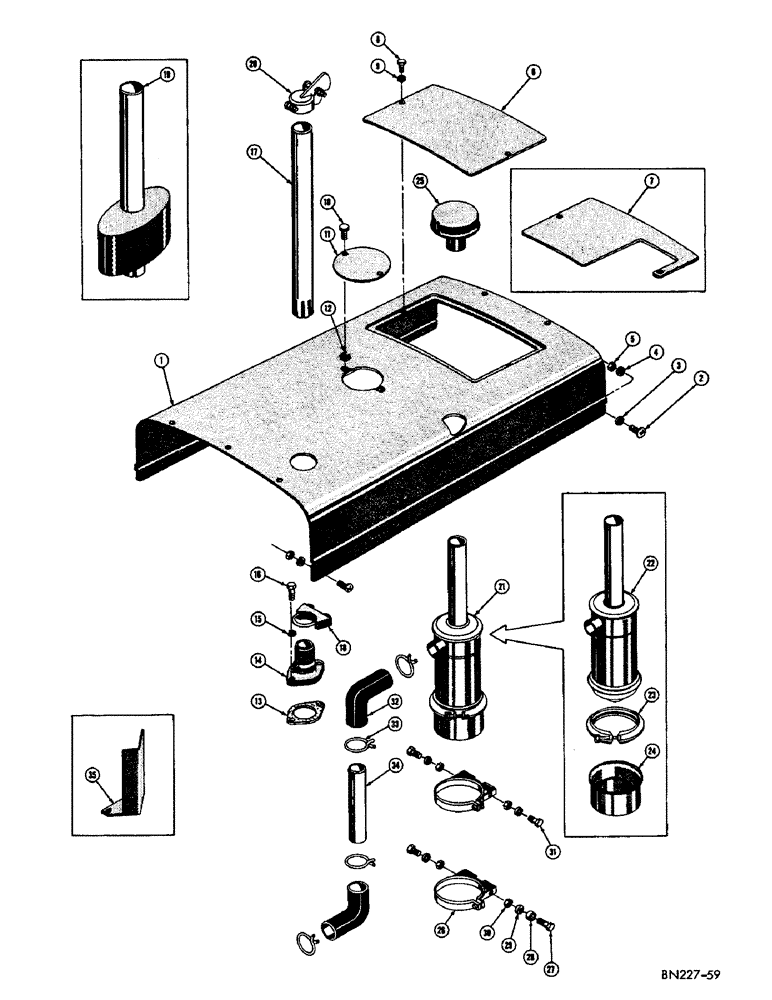 Схема запчастей Case 420B - (034) - HOOD, EXHAUST SYSTEM, AND AIR CLEANER (01) - ENGINE