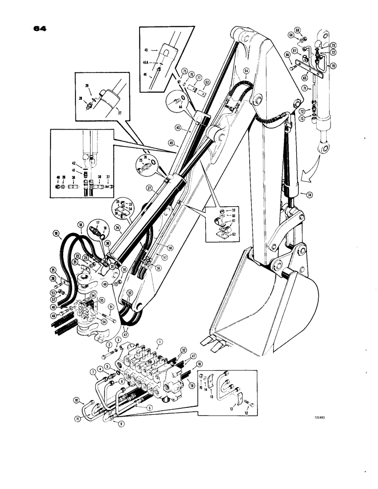 Схема запчастей Case 33 - (064) - BOOM, CROWD AND BUCKET CYLINDER HYDRAULICS, (USED BEF.BACKHOE SN 4141636) 