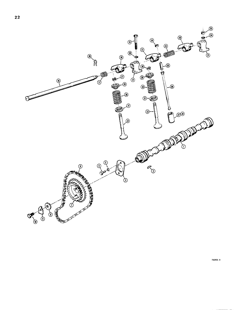 Схема запчастей Case 1830 - (022) - BEFORE ENGINE SN. 2707, TIMING CHAIN, CAMSHAFT, VALVES AND PUSH RODS (10) - ENGINE