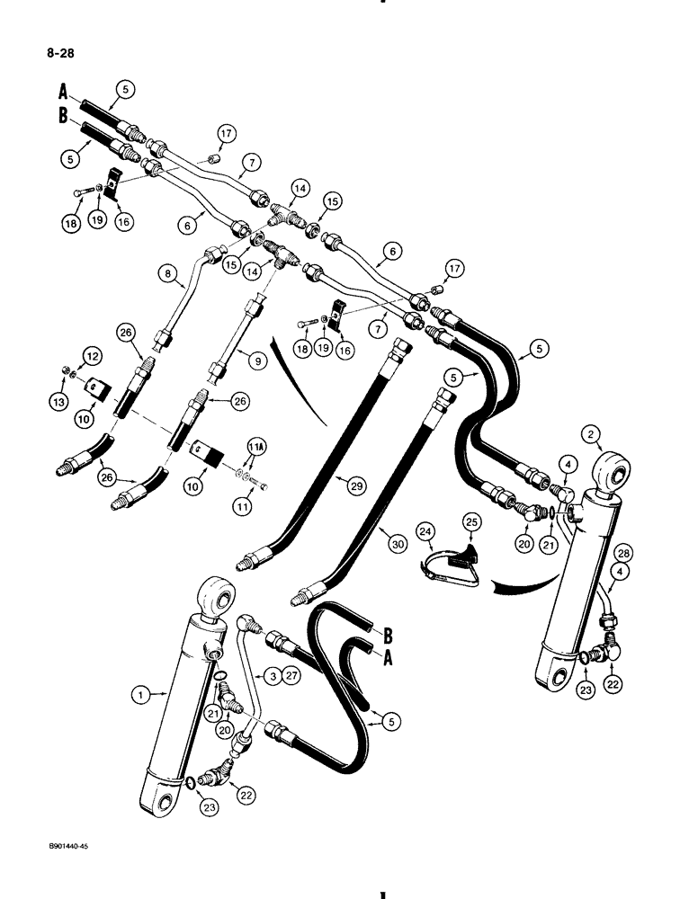 Схема запчастей Case 580K - (8-028) - LOADER CLAM CYLINDER HYDRAULIC CIRCUIT, AT LOADER BUCKET (08) - HYDRAULICS