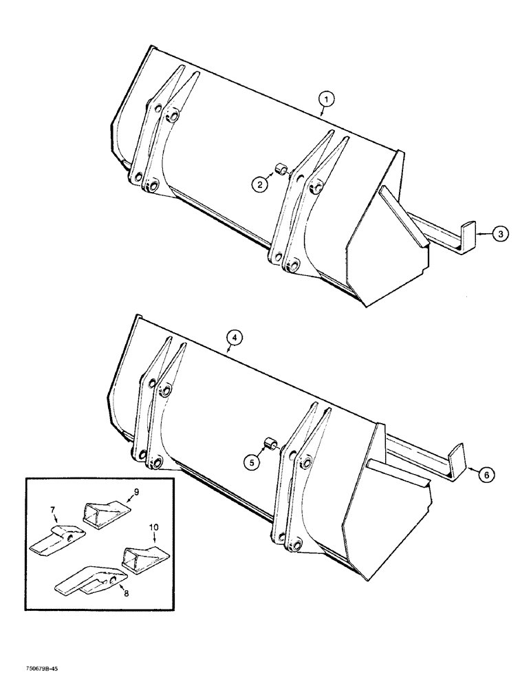 Схема запчастей Case 480F - (9-014) - LOADER BUCKETS, SHORT LIP, LONG LIP, BUCKET TEETH (09) - CHASSIS/ATTACHMENTS