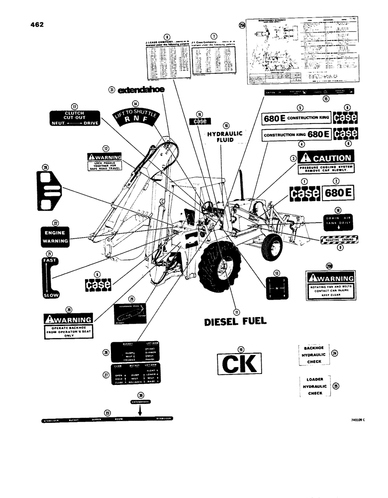 Схема запчастей Case 680E - (462) - DECALS, EARLY PRODUCTION (90) - PLATFORM, CAB, BODYWORK AND DECALS