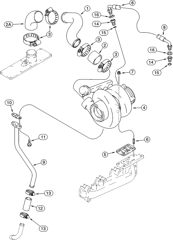 Схема запчастей Case 95XT - (02-16) - TURBOCHARGER SYSTEM, 4T-390 EMISSIONS CERTIFIED ENGINE (NORTH AMERICA JAF0237964-) (02) - ENGINE