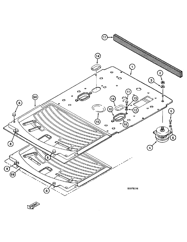 Схема запчастей Case 9040B - (9-058) - CAB FLOOR, FLOOR MOUNTING AND FLOOR MATS, P.I.N. DAC04#2001 AND AFTER (09) - CHASSIS