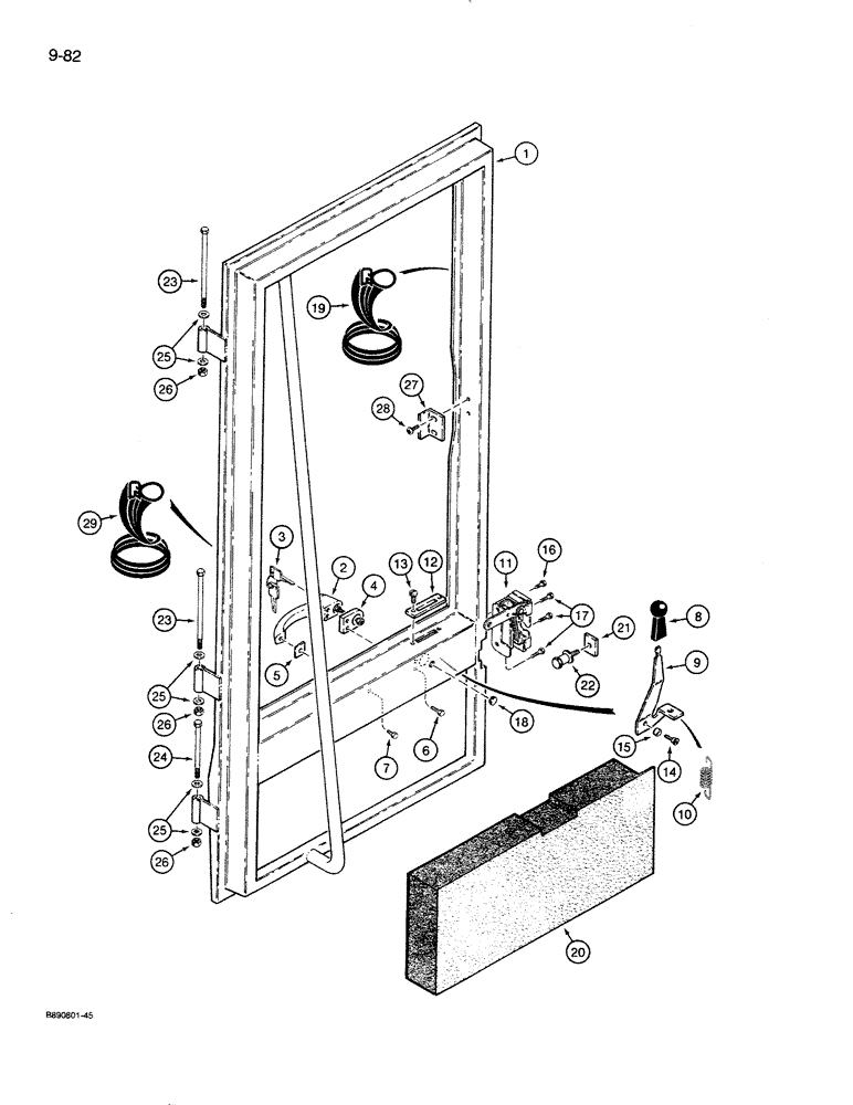 Схема запчастей Case 821 - (9-082) - CAB DOOR AND MOUNTING, CABS WITH ALUMINUM LATCHES FOR WINDOW (09) - CHASSIS/ATTACHMENTS