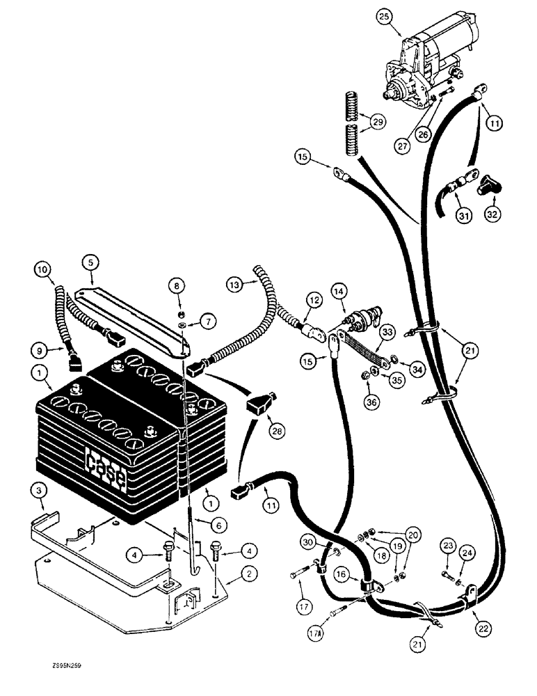 Схема запчастей Case 1150E - (4-26) - BATTERY MOUNTING, CABLES, AND STARTER, 6T-590 ENGINE, 62" GUAGE LONG TRACK DOZER & LOADER MODELS (04) - ELECTRICAL SYSTEMS