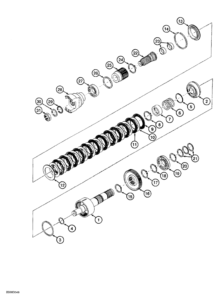 Схема запчастей Case 580SL - (6-142) - CLARK POWERSHIFT TRANSMISSION ASSEMBLY, CLUTCH AND PINIONS, OUTPUT SHAFT (06) - POWER TRAIN