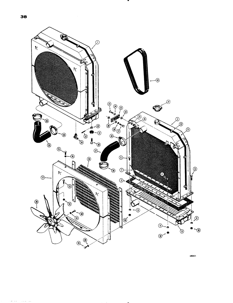 Схема запчастей Case 1150 - (038) - RADIATOR, FAN AND HOSES (01) - ENGINE