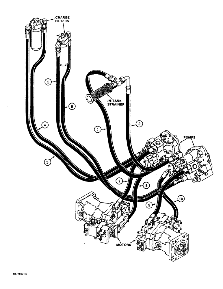 Схема запчастей Case 1550 - (1-10) - PICTORIAL INDEX, TRANSMISSION CHARGE AND DRIVE HYDS RESERVOIR TO PUMP, FILTERS & MOTOR (00) - PICTORIAL INDEX