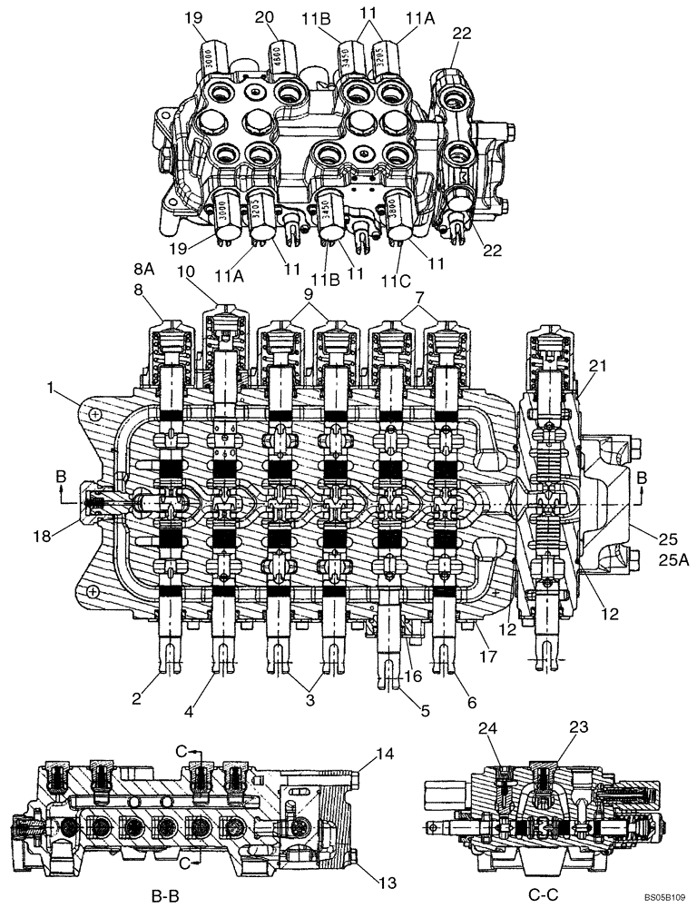 Схема запчастей Case 580M - (08-33) - VALVE ASSY - BACKHOE CONTROL, 7 SPOOL (W/O EXT DIPPER, W/ AUX HYDS, W/O PILOT CONTROLS) (08) - HYDRAULICS