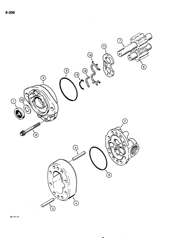 Схема запчастей Case 1818 - (8-206) - EQUIPMENT HYDRAULIC PUMP, GASOLINE MODELS ONLY (08) - HYDRAULICS