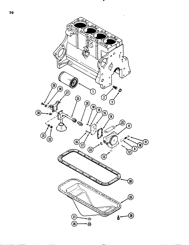 Схема запчастей Case 1845 - (070) - OIL FILTER, (188) DIESEL ENGINE, ENGINE SERIAL NO. 4309700 AND AFTER, OIL PUMP, OIL PAN (10) - ENGINE