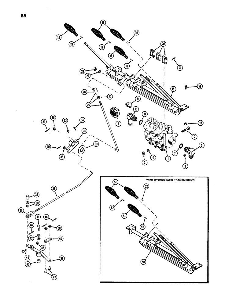 Схема запчастей Case 584 - (88) - FORKLIFT AND SHUTTLE CONTROLS, SHUTTLE TRANSMISSION, FORK LIFT CONTROLS, HYDROSTATIC TRANSMISSION (90) - PLATFORM, CAB, BODYWORK AND DECALS