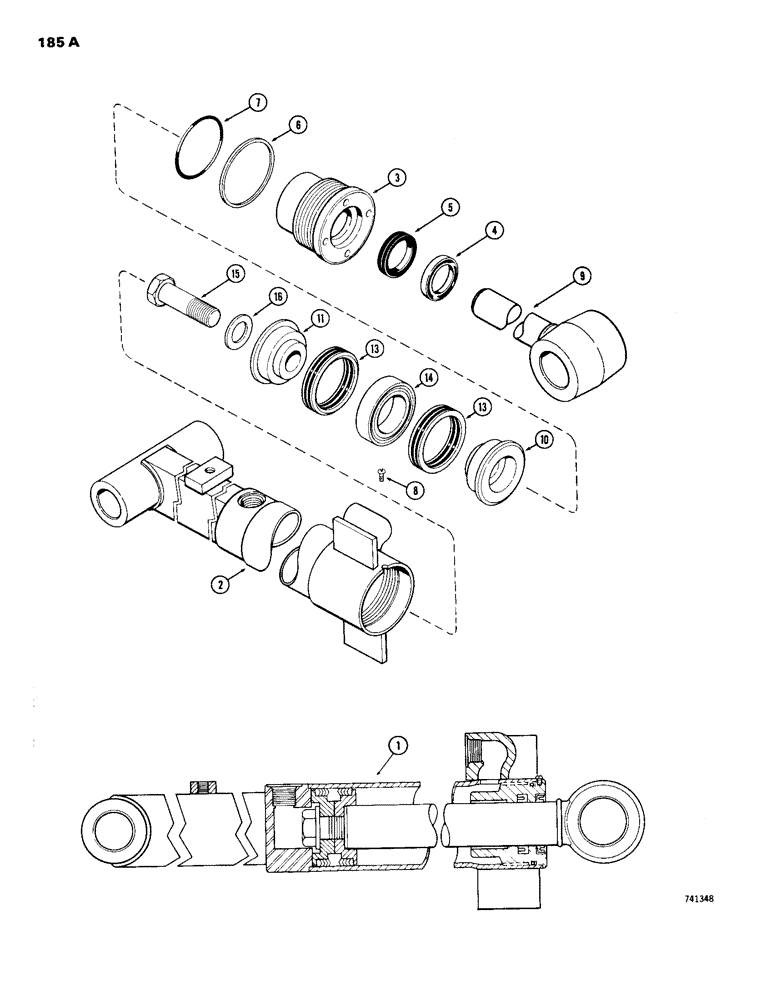 Схема запчастей Case 26B - (185A) - G33204 DIPPER EXTENSION CYLINDER, GLAND HAS SOLID OUTER ROD WIPER, NO IDENTIFICATION RING 