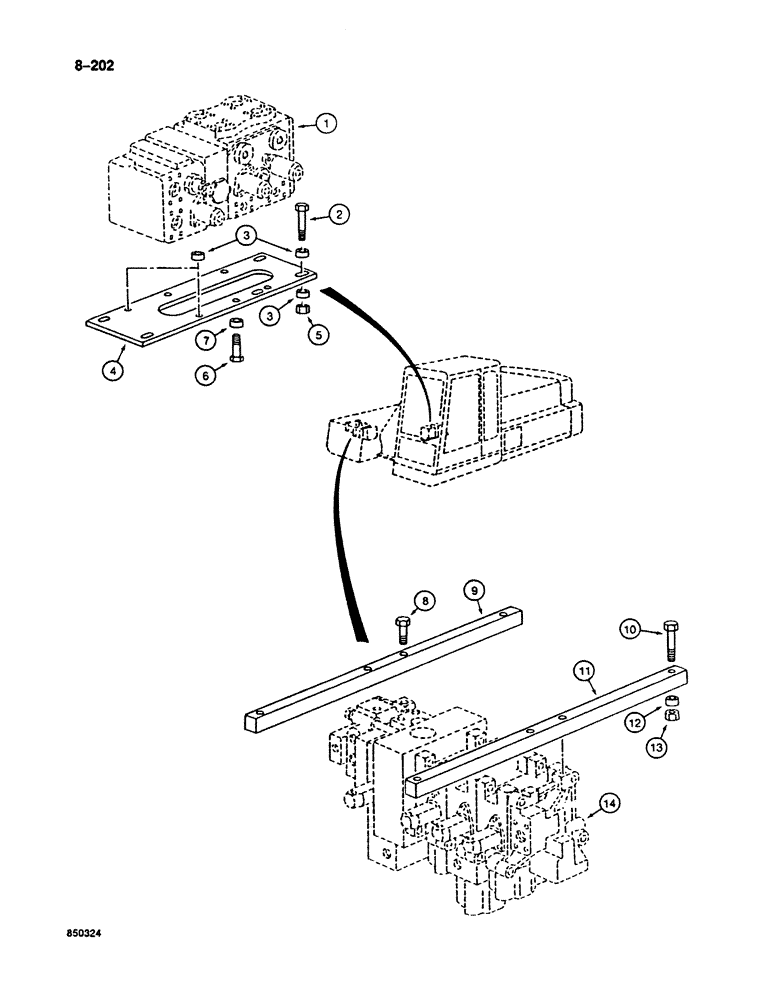 Схема запчастей Case 125B - (8-202) - MAIN CONTROL VALVE MOUNTING PARTS, P.I.N. 74251 THROUGH 74963, 21801 THROUGH 21868, 26801 AND AFTER (08) - HYDRAULICS