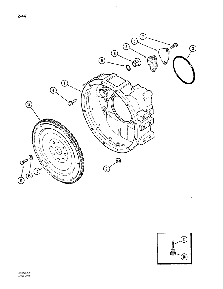 Схема запчастей Case 1085C - (2-44) - FLYWHEEL AND HOUSING, 6T-590 ENGINE (02) - ENGINE