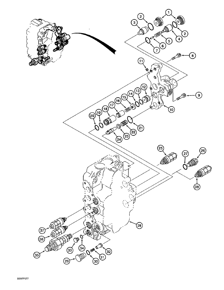 Схема запчастей Case 9040B - (8-140) - HYDRAULIC CONTROL VALVE COMPONENTS, FOUR SPOOL VALVE SECTION, RELIEF AND CHECK VALVES (08) - HYDRAULICS