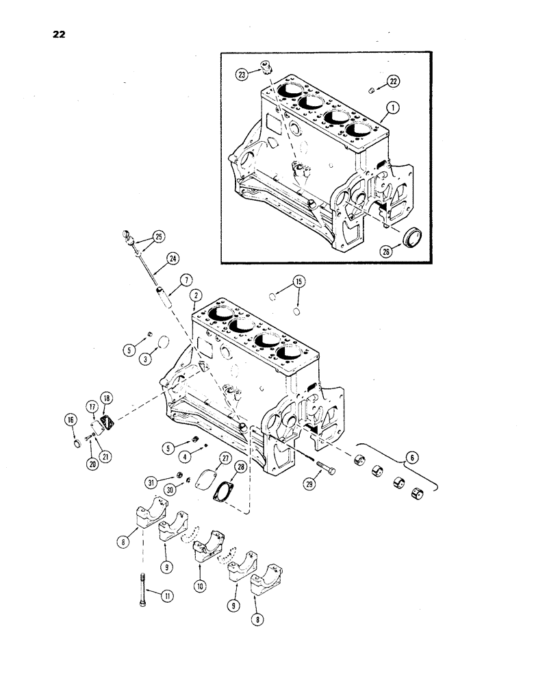 Схема запчастей Case 850 - (022) - CYLINDER BLOCK ASSY., USED W/3 GEAR BALANCER & 106 TOOTH DRIVE GEAR, USED PRIOR TO ENG. S/N 2327745 (01) - ENGINE