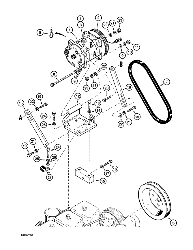 Схема запчастей Case 570LXT - (9-158) - AIR CONDITIONING, COMPRESSOR MOUNTING AND DRIVE (09) - CHASSIS/ATTACHMENTS