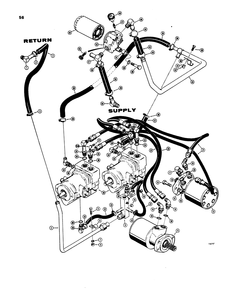 Схема запчастей Case 1816 - (56) - DRIVE HYDRAULICS, HYDRAULIC TANK TO MOTORS VARIABLE DISPLACEMENT PUMPS USED BEFORE TRAC. S/N 9826660 (35) - HYDRAULIC SYSTEMS