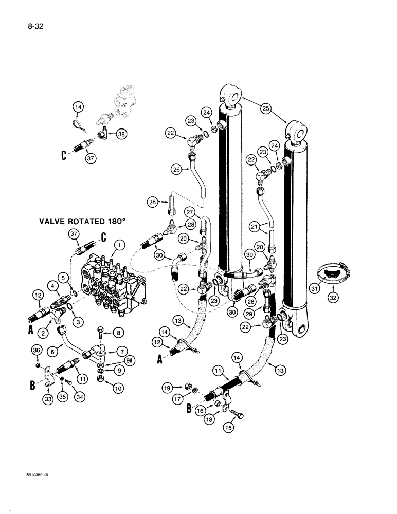 Схема запчастей Case 780D - (8-032) - BACKHOE BOOM CYLINDER HYDRAULIC CIRCUIT, P.I.N. JJG0071751 & AFT (08) - HYDRAULICS