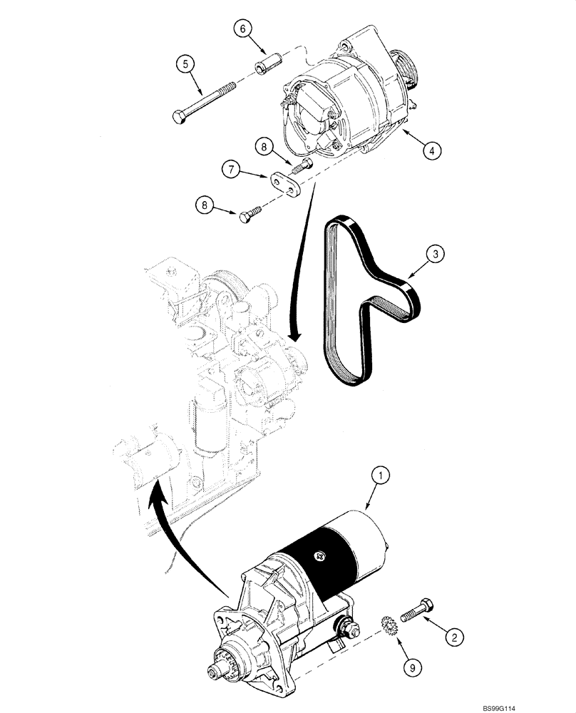 Схема запчастей Case 580M - (04-03) - STARTER MOUNTING - ALTERNATOR MOUNTING (04) - ELECTRICAL SYSTEMS