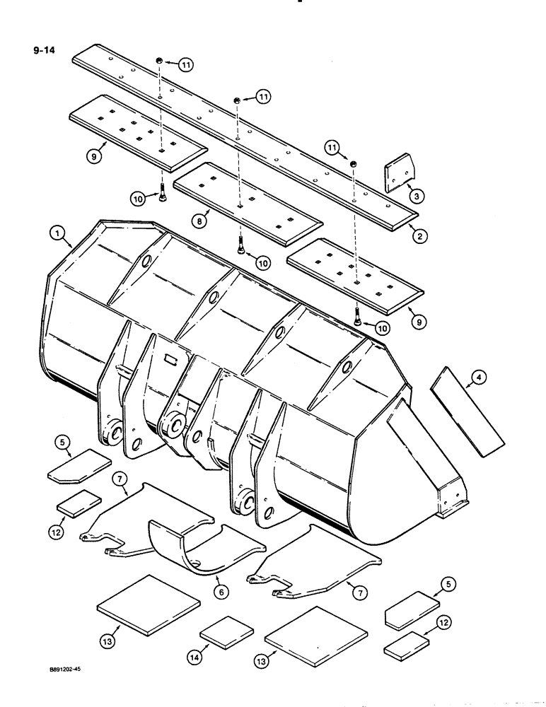 Схема запчастей Case 621 - (9-014) - LOADER BUCKETS AND CUTTING EDGES, 2.75 CUBIC YARD BUCKET, MODELS WITH L126128 OUTER WEAR PLATE (09) - CHASSIS/ATTACHMENTS