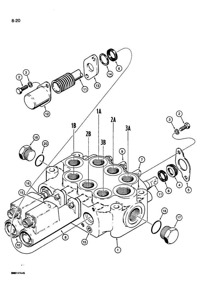 Схема запчастей Case W14B - (8-20) - LOADER CONTROL VALVE - THREE SPOOL (08) - HYDRAULICS