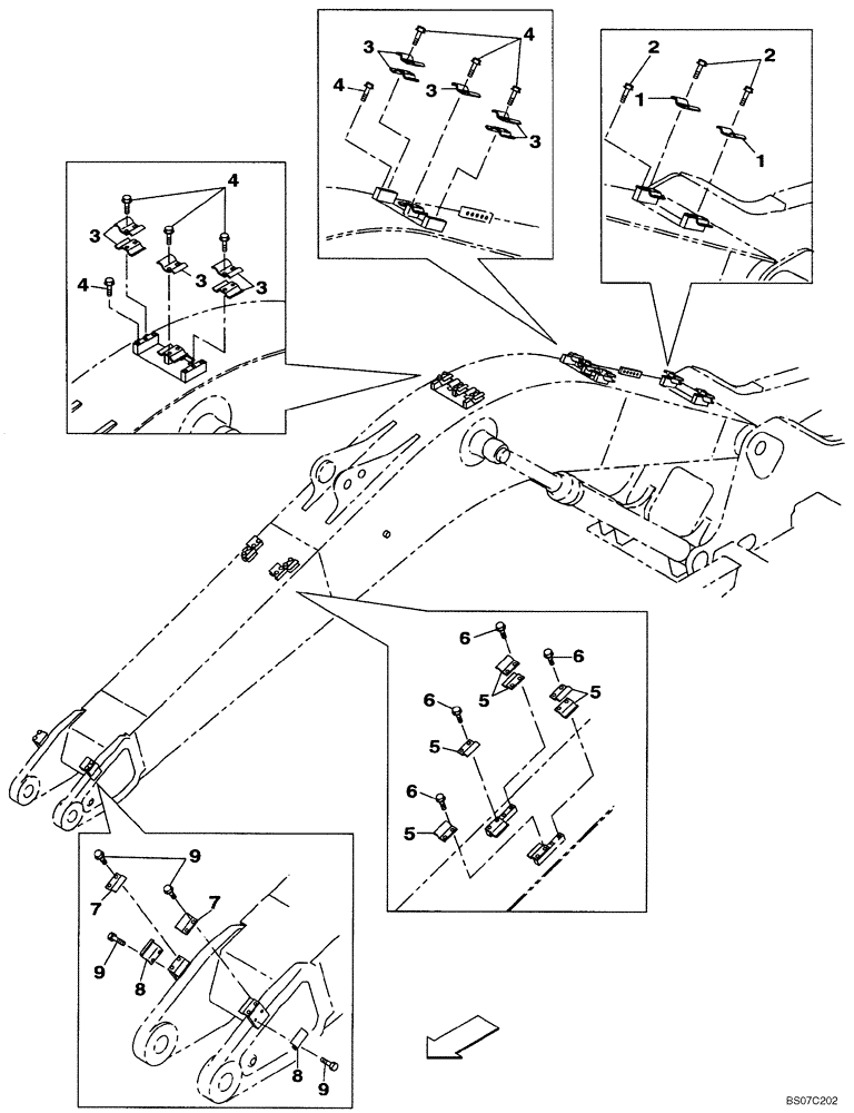 Схема запчастей Case CX130B - (09-67) - CLAMPS - BOOM (4.63M) - OPTIONAL - BRACKET (09) - CHASSIS/ATTACHMENTS