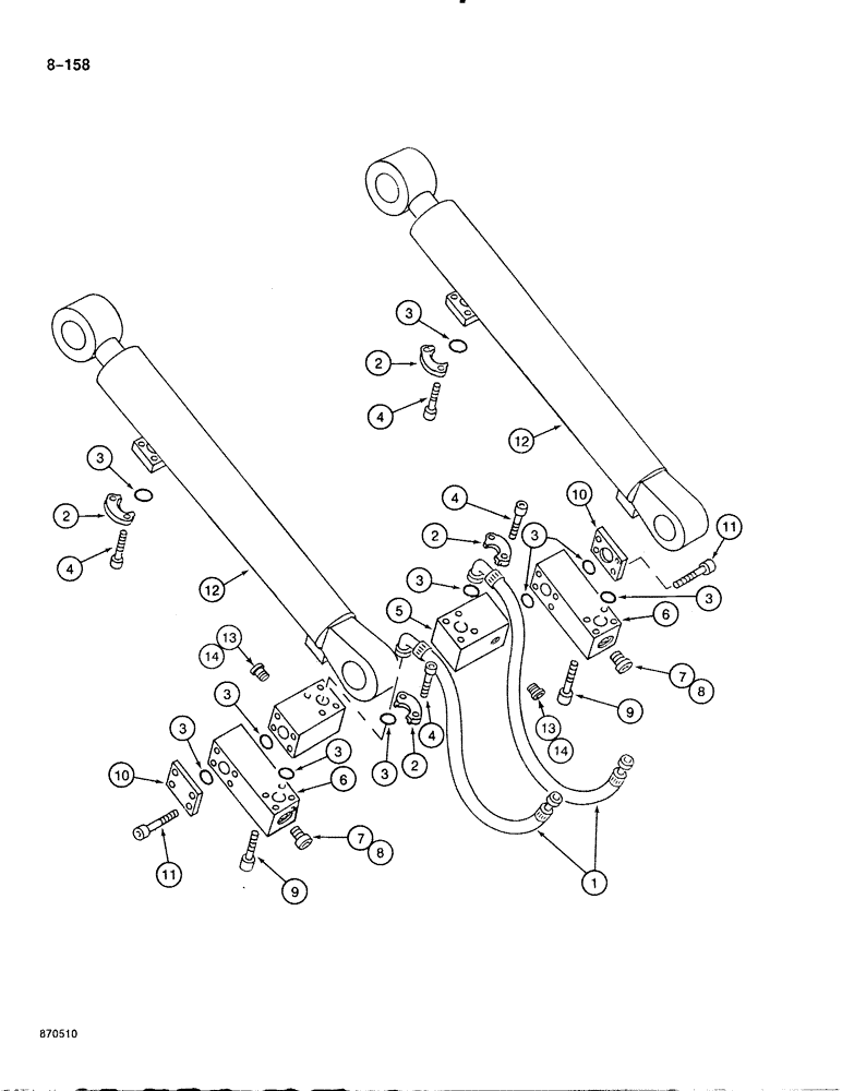 Схема запчастей Case 888 - (8-158) - BOOM CYLINDER CIRCUIT, HOSES AT CYLINDER, P.I.N. FROM 74163 TO 74289 (08) - HYDRAULICS