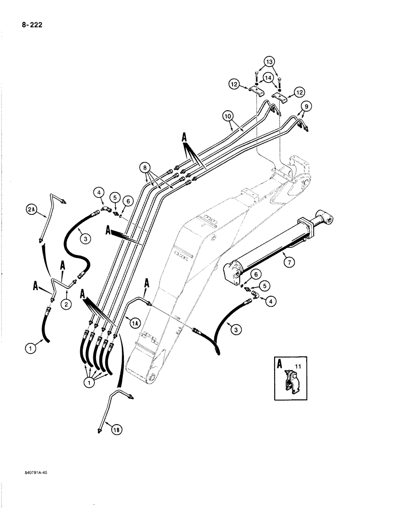 Схема запчастей Case 1187B - (8-222) - ARM, TOOL, AND ATTACHMENT CYLINDER CIRCUIT, TUBES AT BOOM (08) - HYDRAULICS