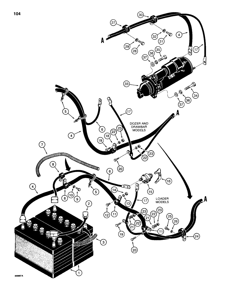 Схема запчастей Case 1150D - (104) - REAR ELECTRICAL WIRING, BATTERY CABLES TO STARTER (04) - ELECTRICAL SYSTEMS