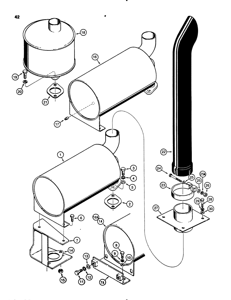 Схема запчастей Case 450B - (042) - MUFFLER, MODELS WITHOUT TURBOCHARGER, MUFFLERS, HORIZONTAL STYLE (01) - ENGINE