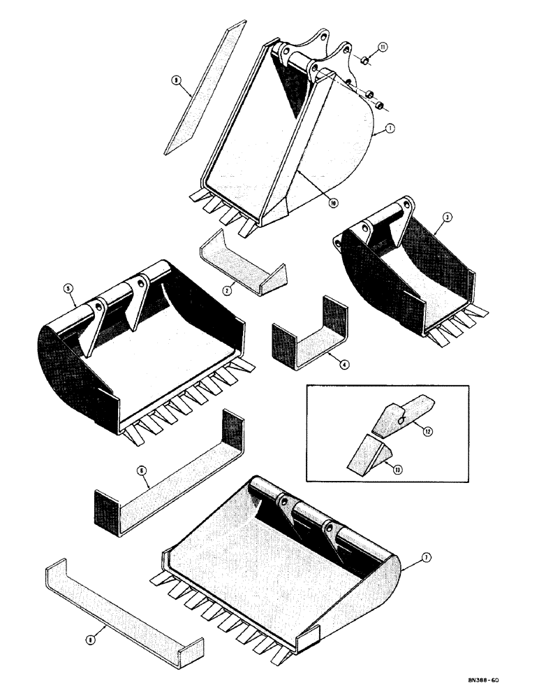 Схема запчастей Case 420 - (206) - BACKHOE BUCKETS (OPTIONAL EQUIPMENT), TRENCHING BUCKETS (MACHINERY ITEMS) (09) - BOOMS