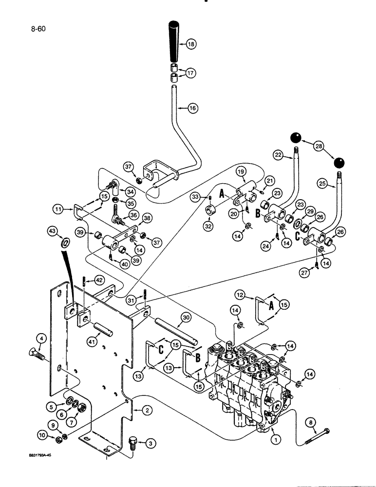 Схема запчастей Case 450C - (8-60) - EQUIPMENT CONTROL VALVE AND LEVERS, THREE CONTROL LEVERS, FOUR SPOOL VALVE (08) - HYDRAULICS