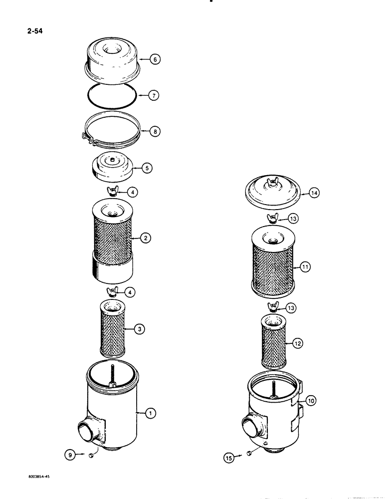 Схема запчастей Case 1455B - (2-54) - AIR CLEANER ASSY, STANDARD AIR CLEANER ASSEMBLY, W/DUST CUP, SEE ITEM 6 FOR I.D., EXTRA CAPACITY AIR (02) - ENGINE